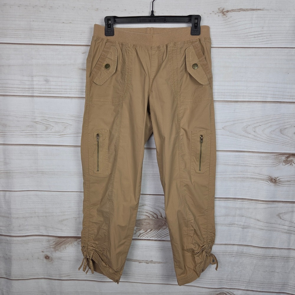 Boston Proper Cargo Capri Cropped Pants Women Size 8 Tan Ruched Hem Utility